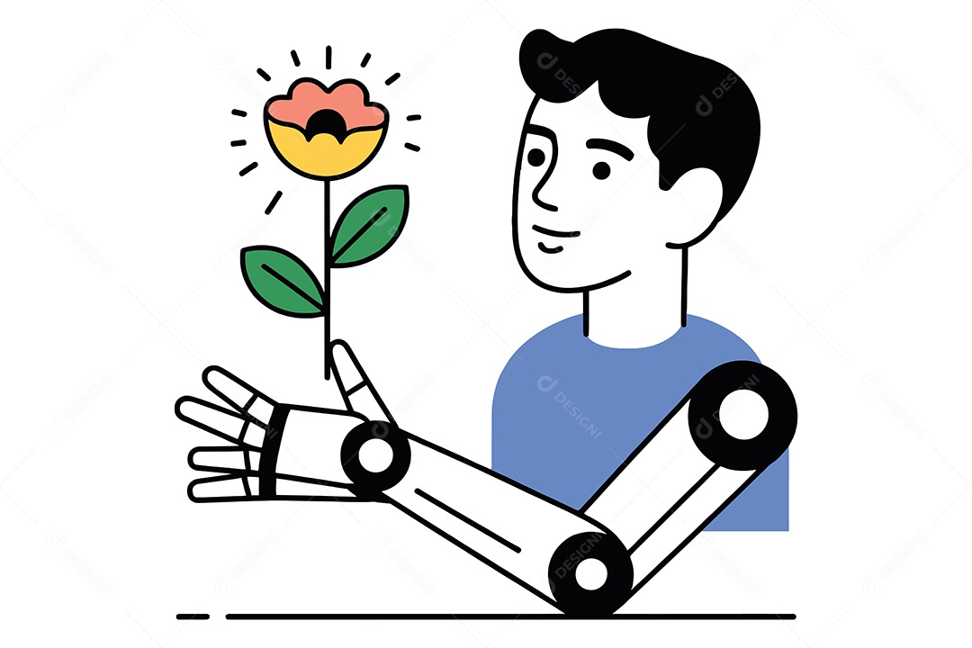 Homem com Braço Robótico Segurando uma Flor Ilustração Vetor EPS + AI