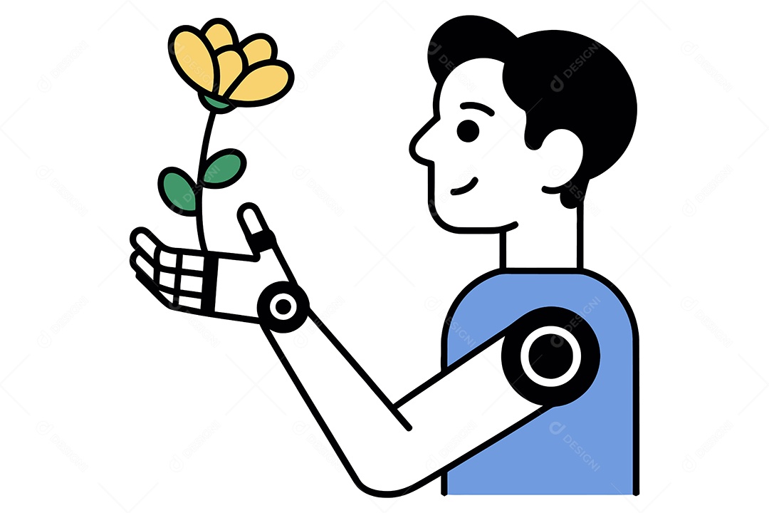 Homem com Braço Robótico Segurando uma Flor Ilustração Vetor EPS + AI