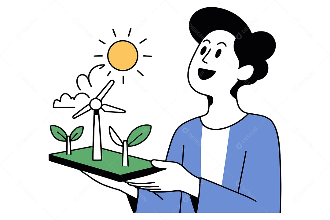 Mulher Segurando Objeto de Energia Sustentável Ilustração Vetor EPS + AI