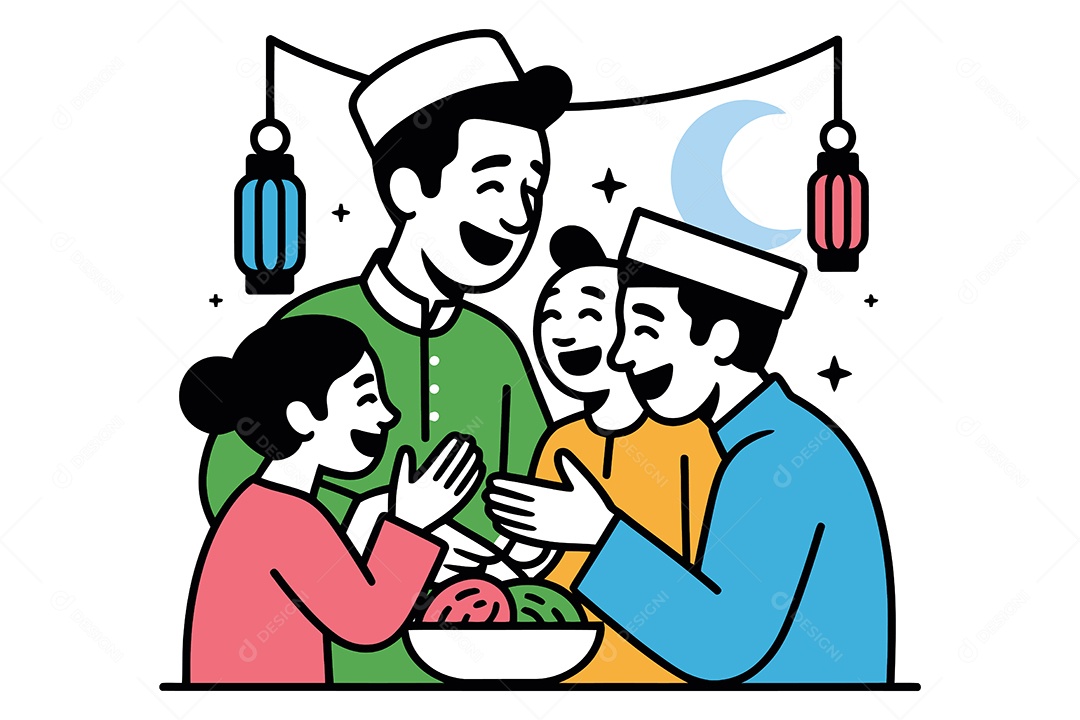 Família Celebrando Ramadã Ilustração Vetor EPS + AI