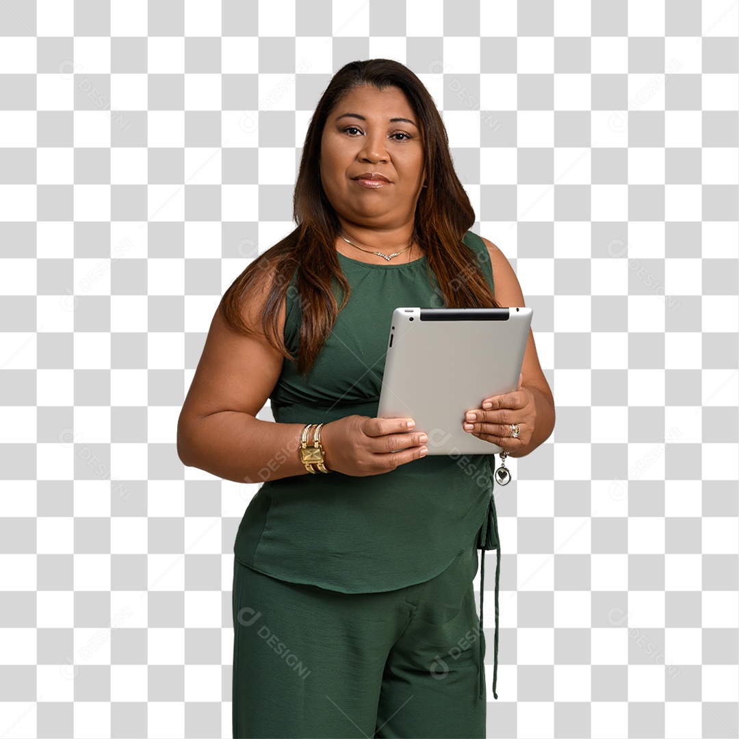 Mulher Morena Sorrindo Segurando Tablet PNG Transparente