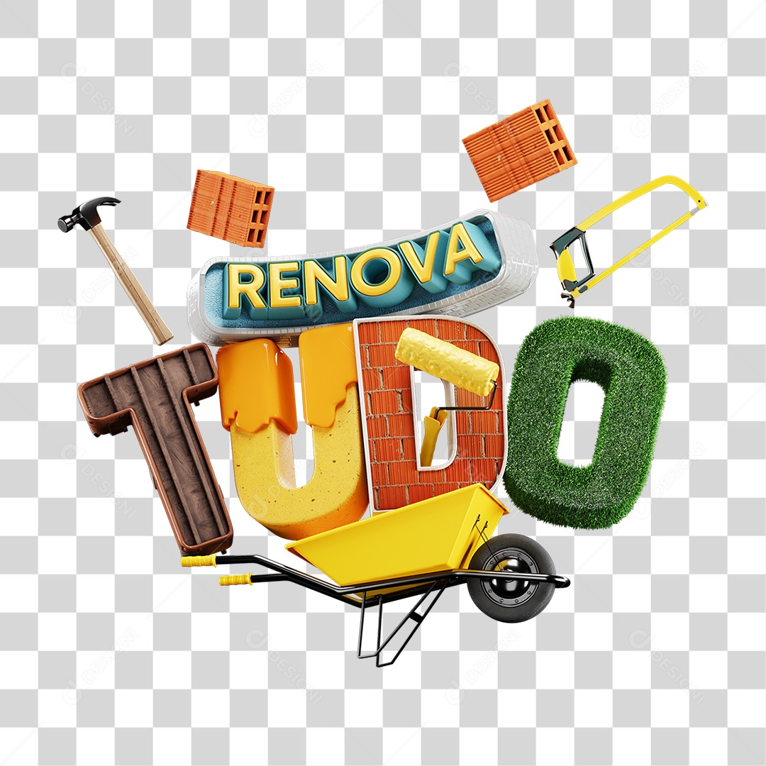 Escrito Promocional Renova Tudo em Estilo 3D com Elementos de Construção PNG Transparente