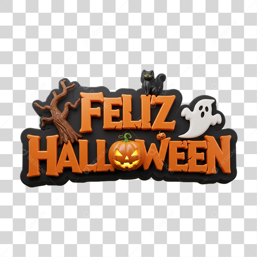 Selo 3D Feliz Halloween PNG Transparente