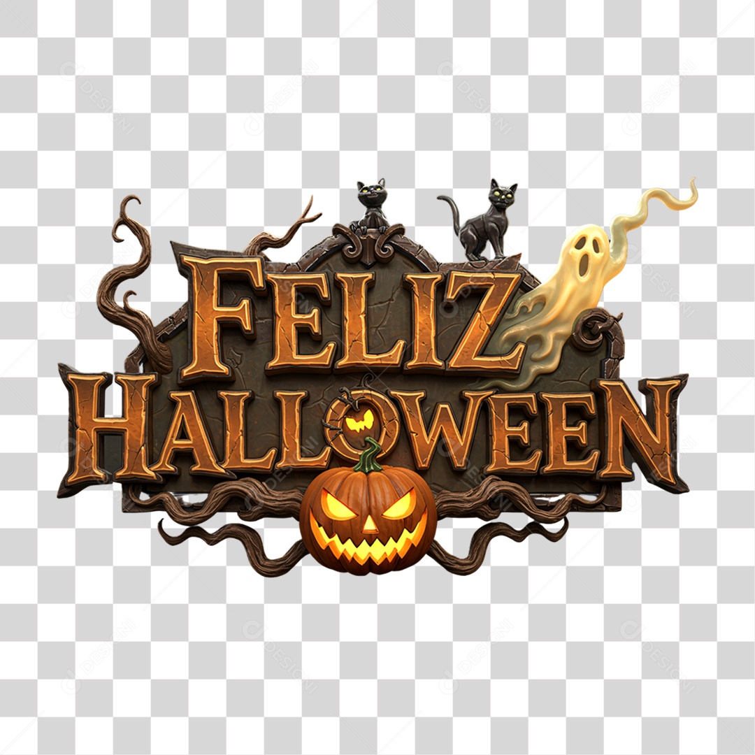 Selo 3D Feliz Halloween PNG Transparente