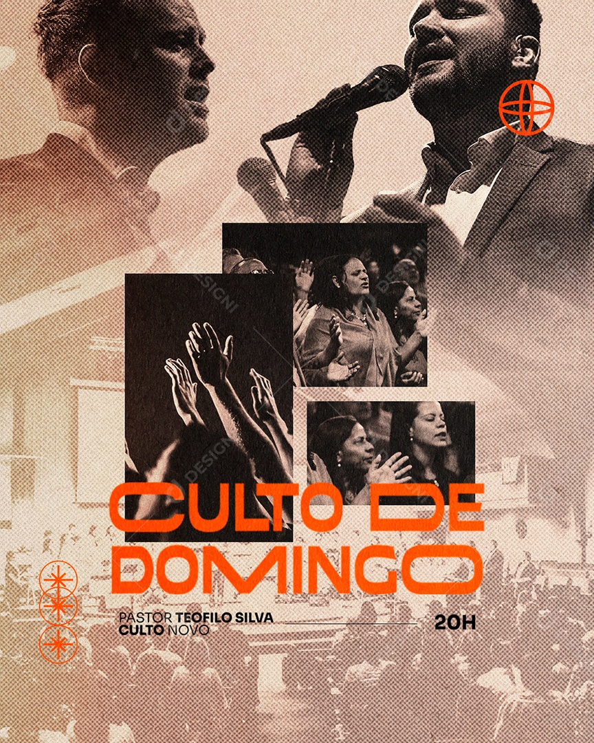 Flyer Gospel Culto de Domingo Social Media PSD Editável