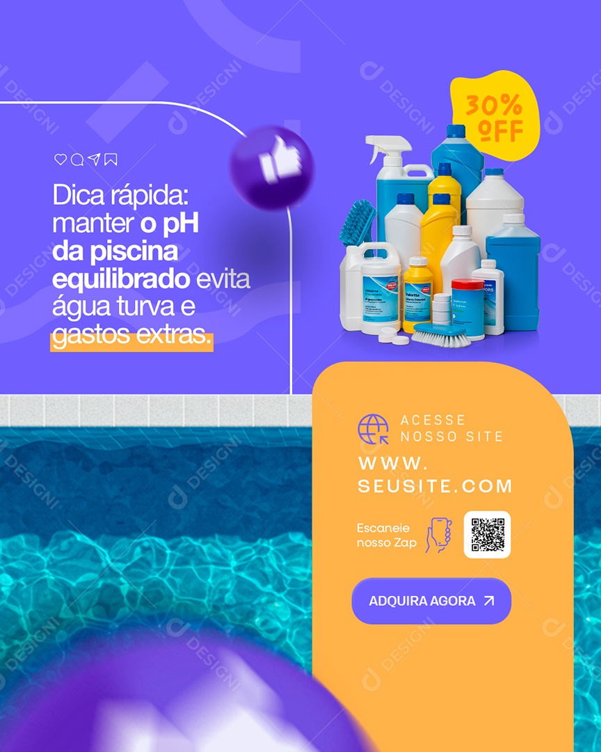 Piscinas Dica Rápida Manter o Ph da Piscina Equilibrado Social Media PSD Editável
