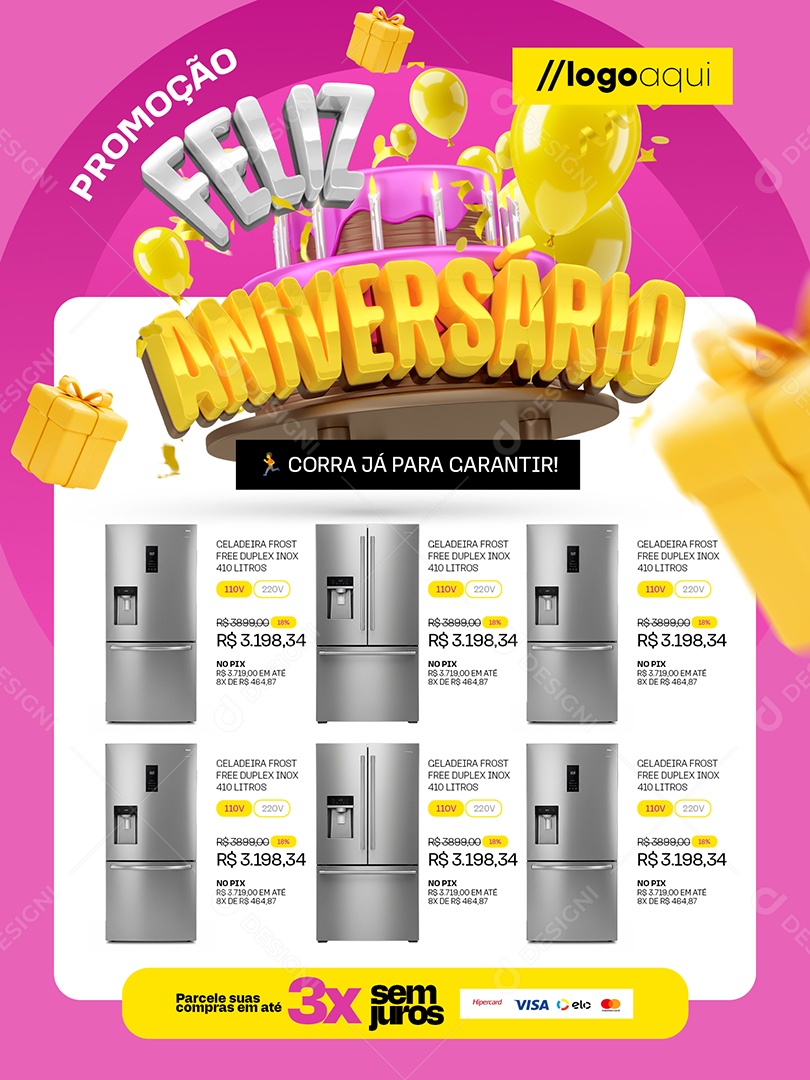 Promoção Feliz Aniversário Loja de Eletrodomésticos Encarte Corra Já para Garantir Social Media PSD Editável