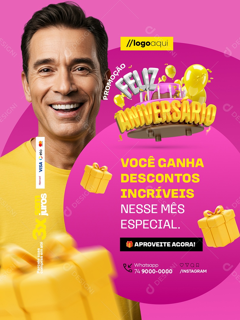 Promoção Feliz Aniversário Loja de Eletrodomésticos Você Ganha Descontos Social Media PSD Editável