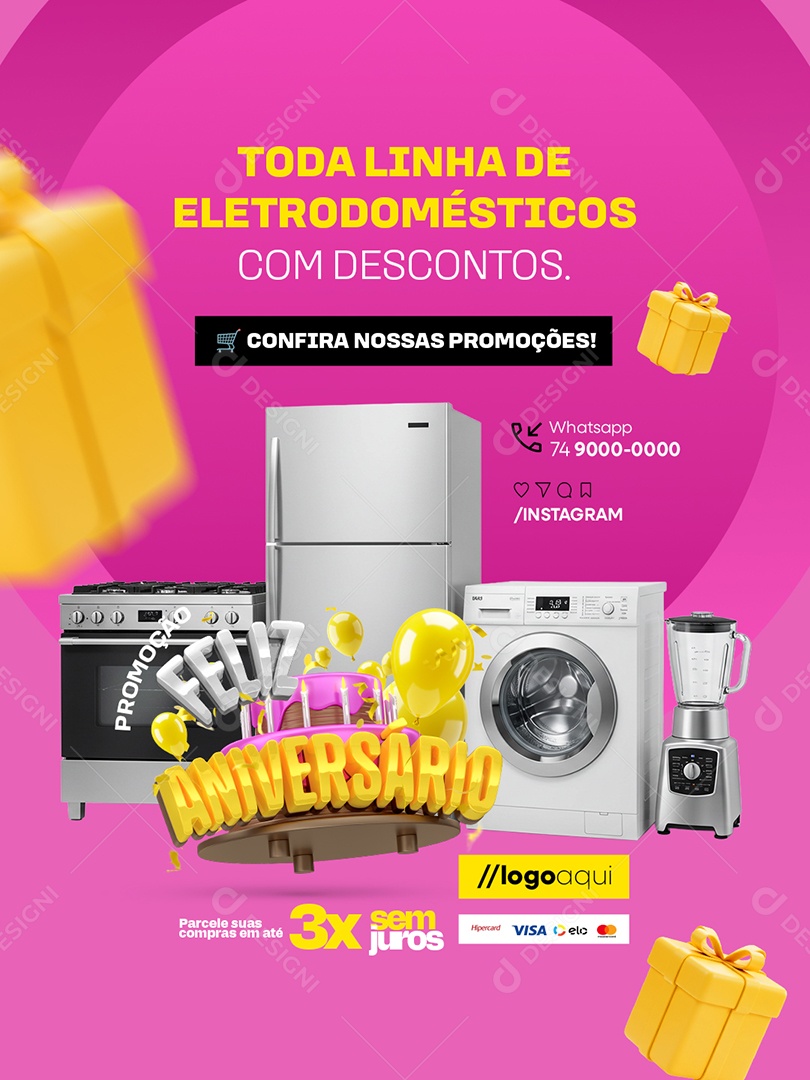 Promoção Feliz Aniversário Loja de Eletrodomésticos Confira Nossas Promoções Social Media PSD Editável