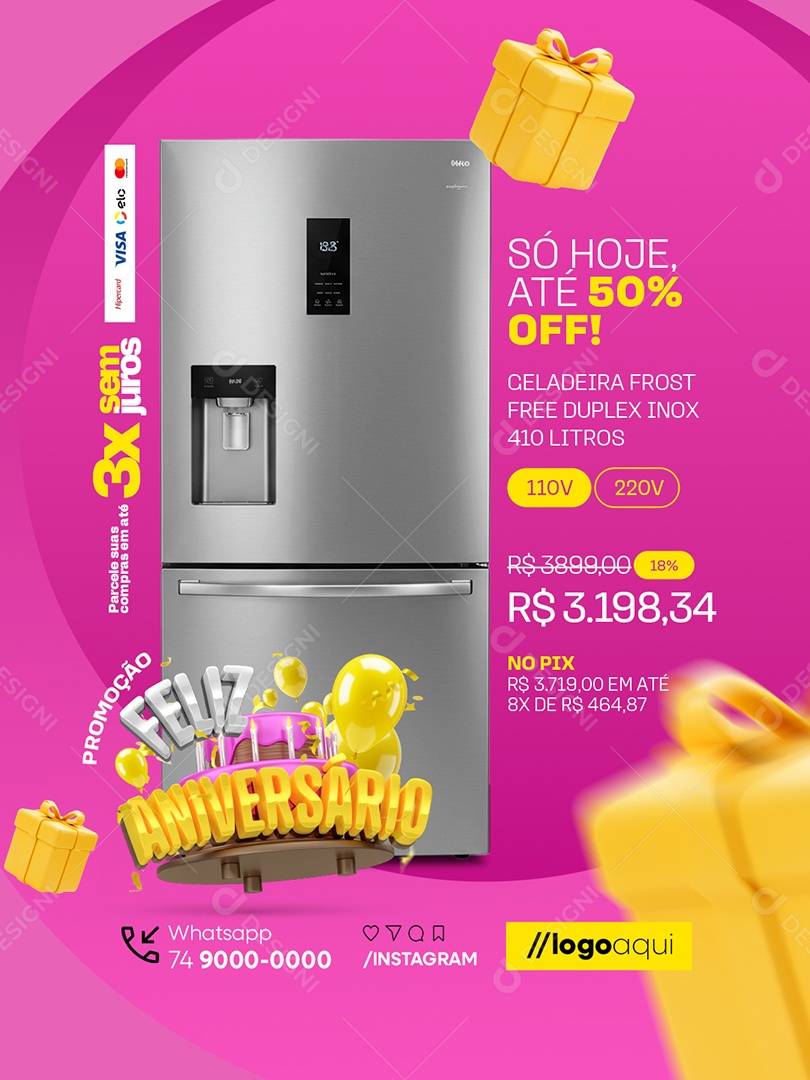 Promoção Feliz Aniversário Loja de Eletrodomésticos Geladeira Frost Social Media PSD Editável