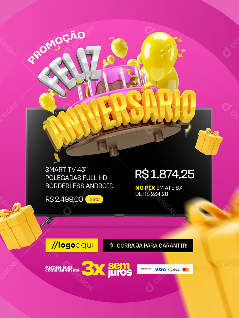 Promoção Feliz Aniversário Loja de Eletrodomésticos Smart Tv Social Media PSD Editável