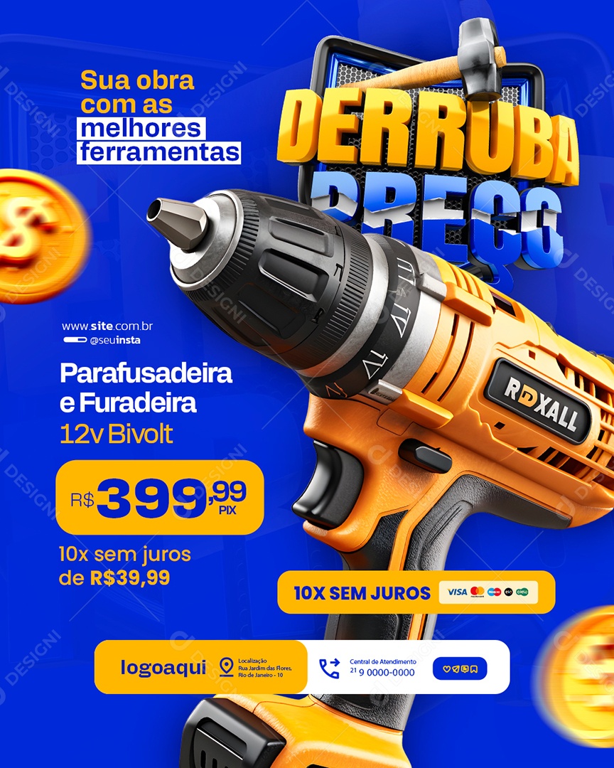 Derruba Preço Material de Construção Parafusadeira e Furadeira Social Media PSD Editável