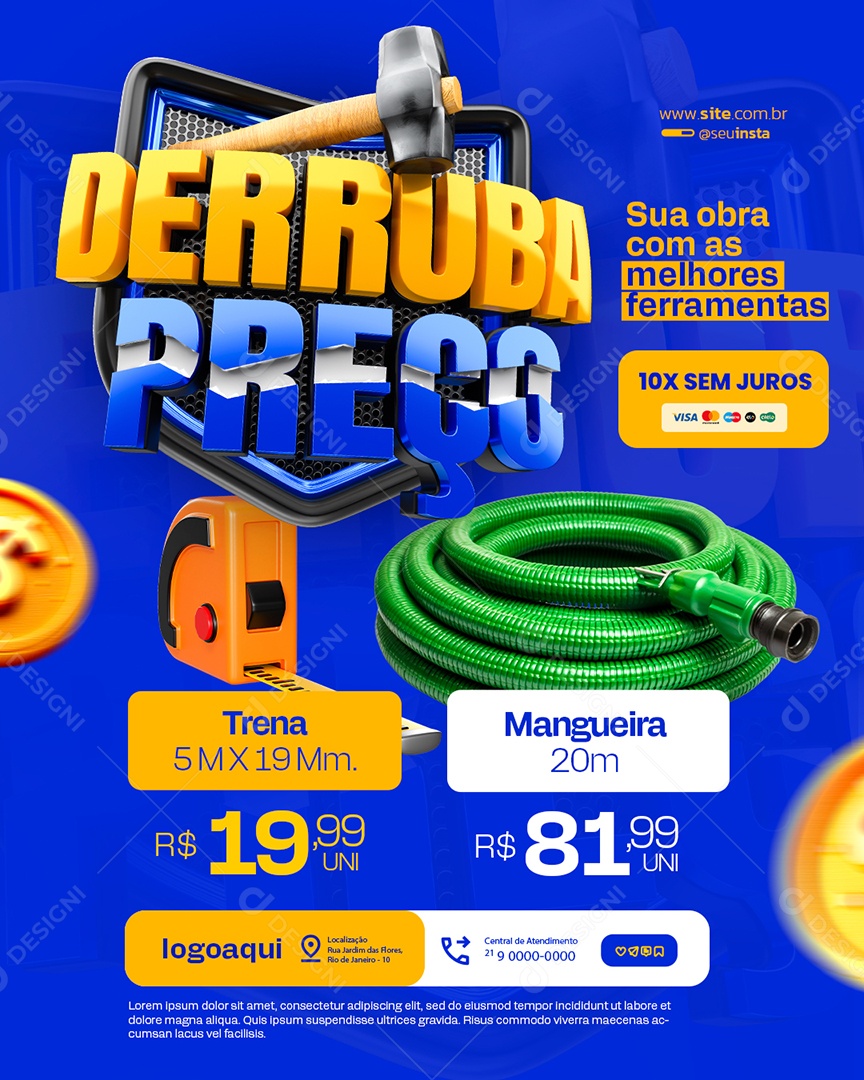 Derruba Preço Material de Construção Trena e Mangueira Social Media PSD Editável