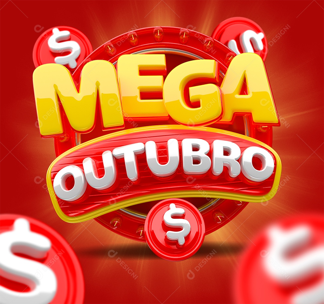 Mega Outubro Selo 3D Vermelho Amarelo e Branco para Composição PSD