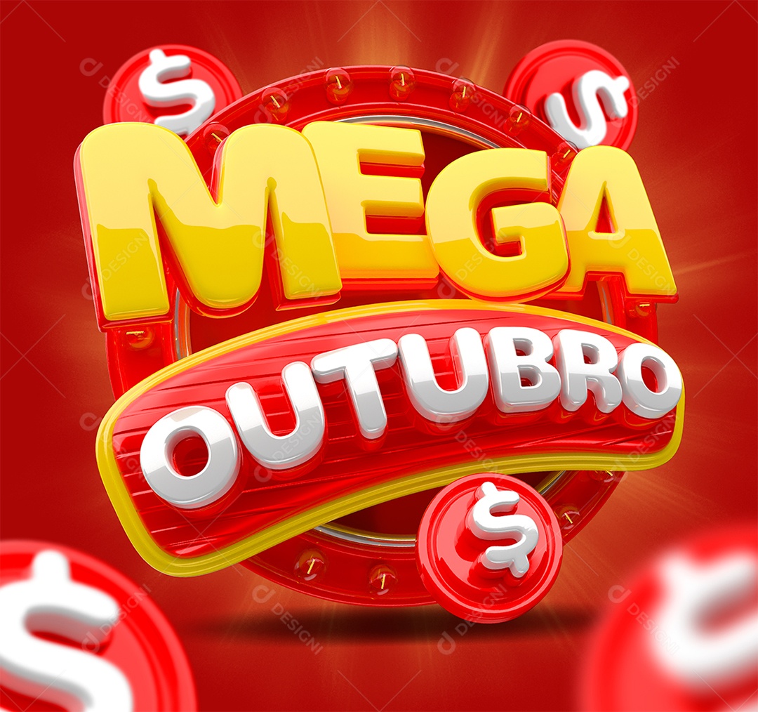 Mega Outubro Selo 3D Vermelho Amarelo e Branco para Composição PSD