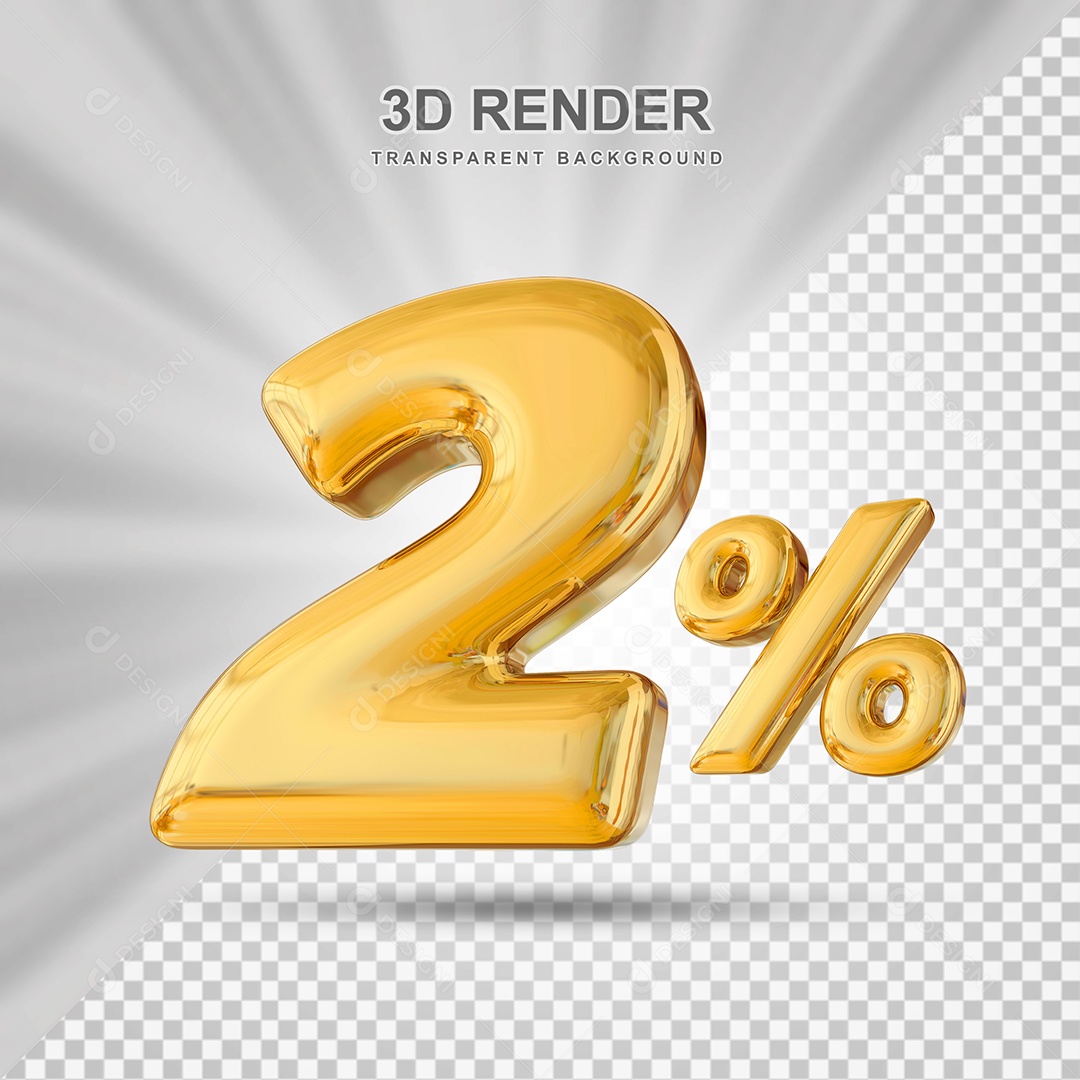 Número de Desconto 2% Elemento 3D Dourado para Composição PSD