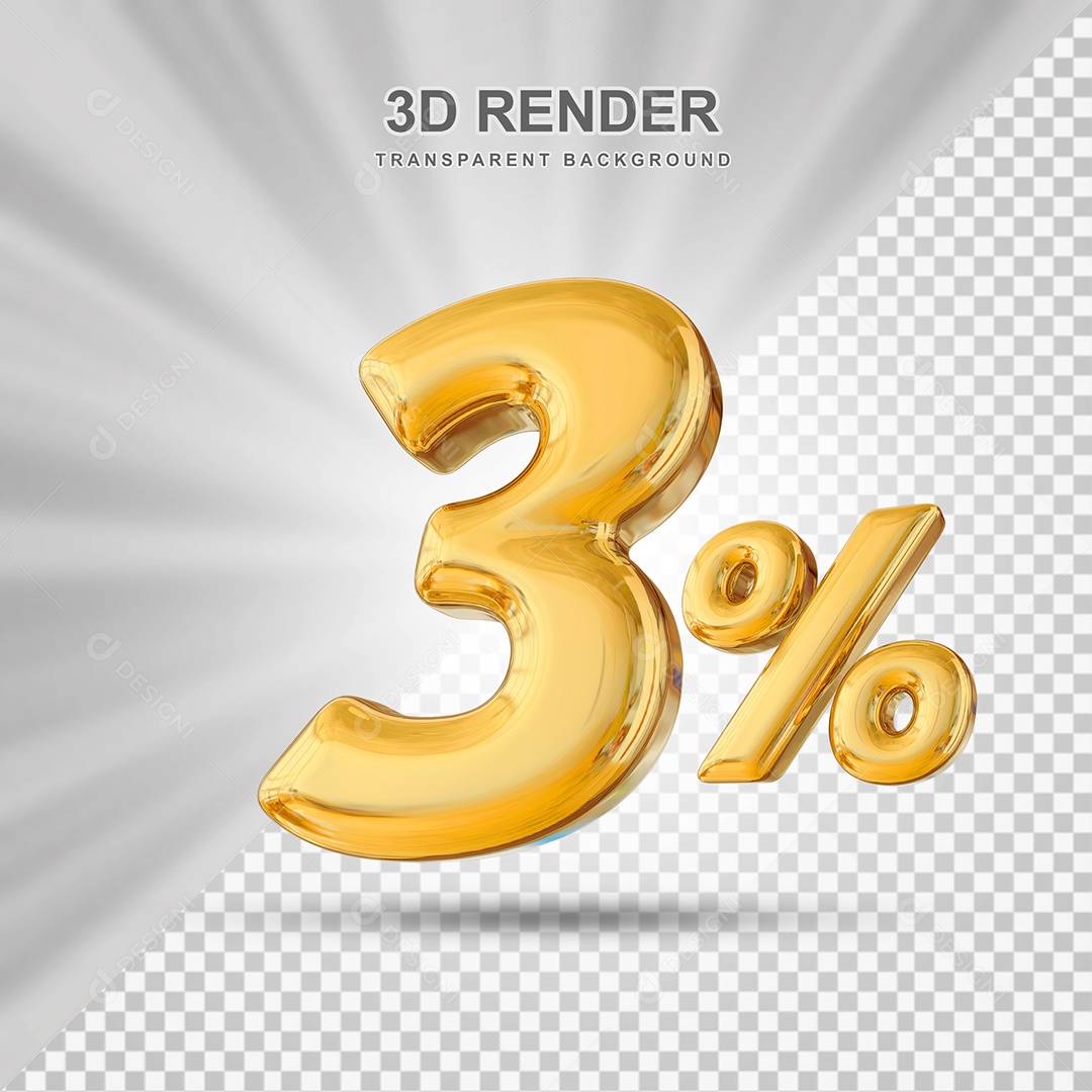 Número de Desconto 3% Elemento 3D Dourado para Composição PSD