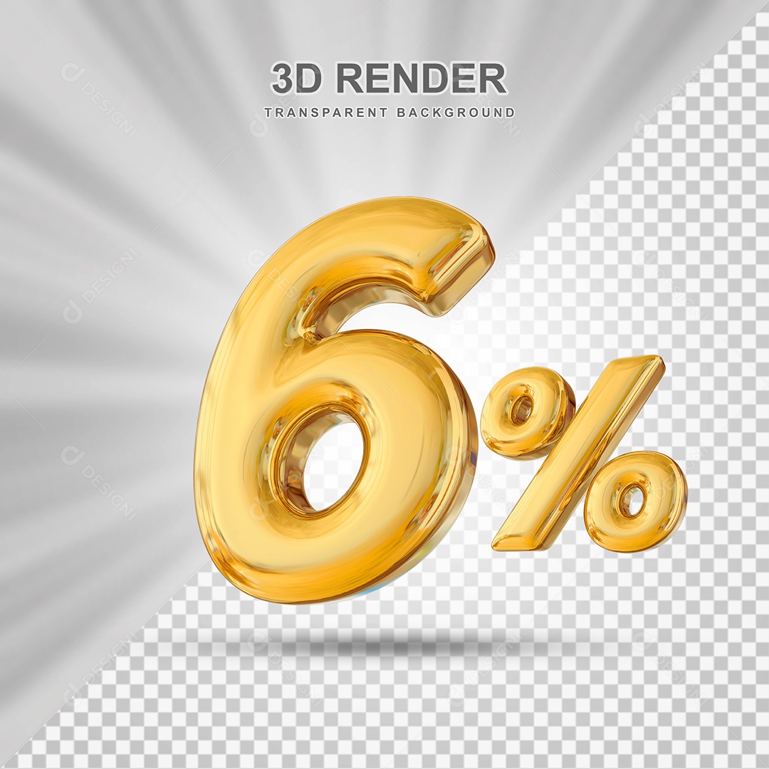 Número de Desconto 6% Elemento 3D Dourado para Composição PSD