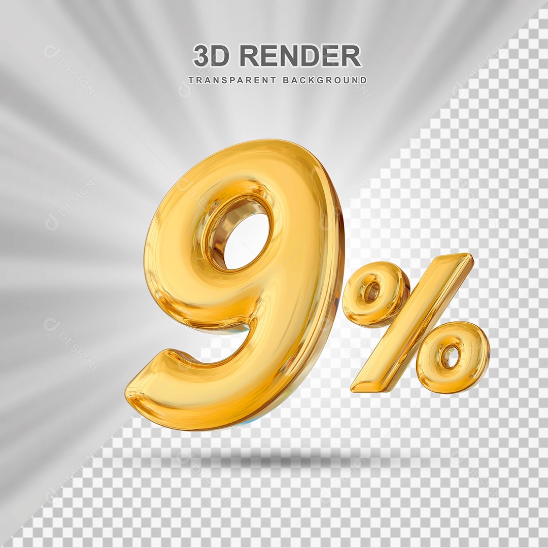 Número de Desconto 9% Elemento 3D Dourado para Composição PSD
