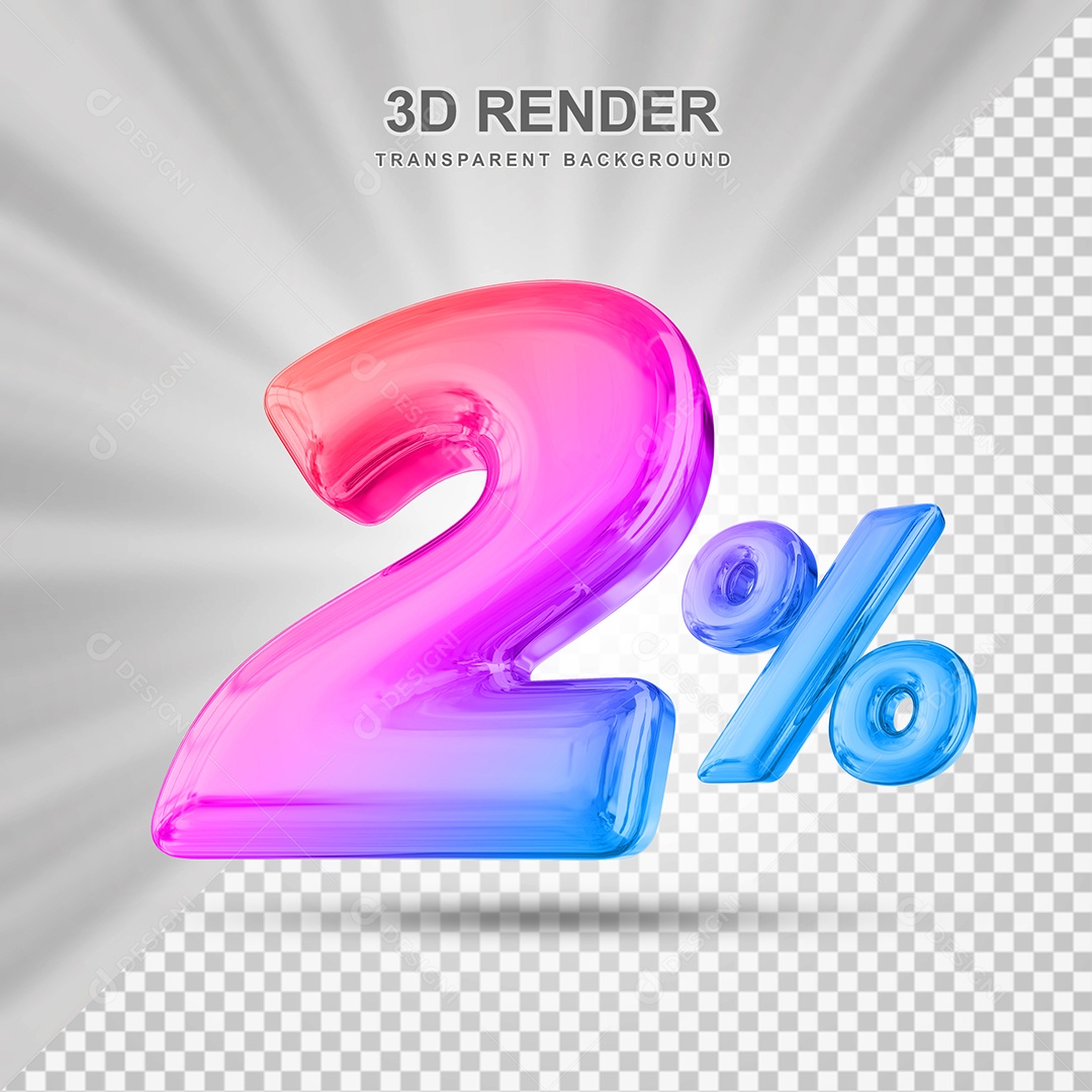 Número de Desconto 2% Elemento 3D Colorido para Composição PSD