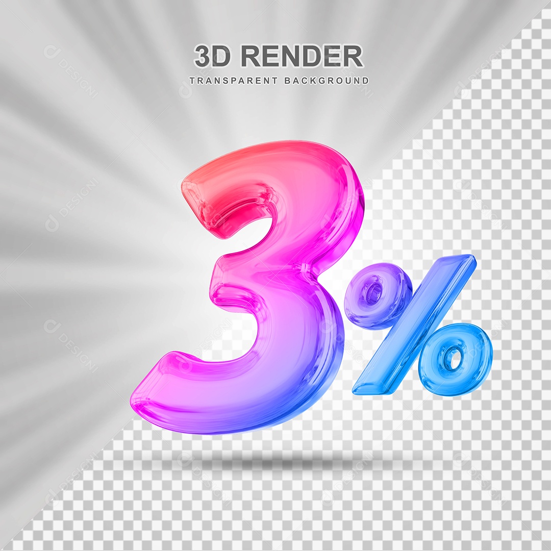 Número de Desconto 3% Elemento 3D Colorido para Composição PSD