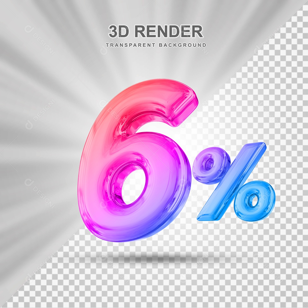 Número de Desconto 6% Elemento 3D Colorido para Composição PSD
