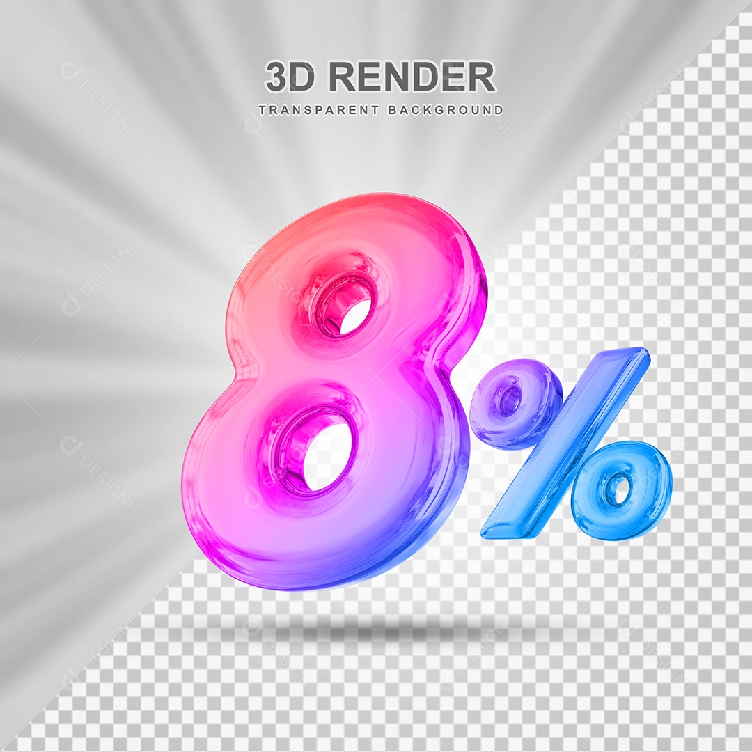 Número de Desconto 8% Elemento 3D Colorido para Composição PSD