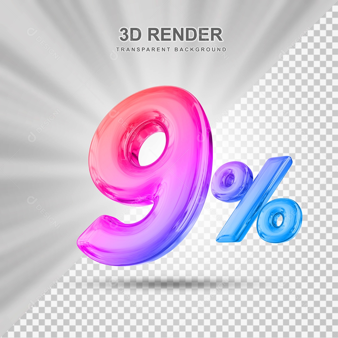 Número de Desconto 9% Elemento 3D Colorido para Composição PSD