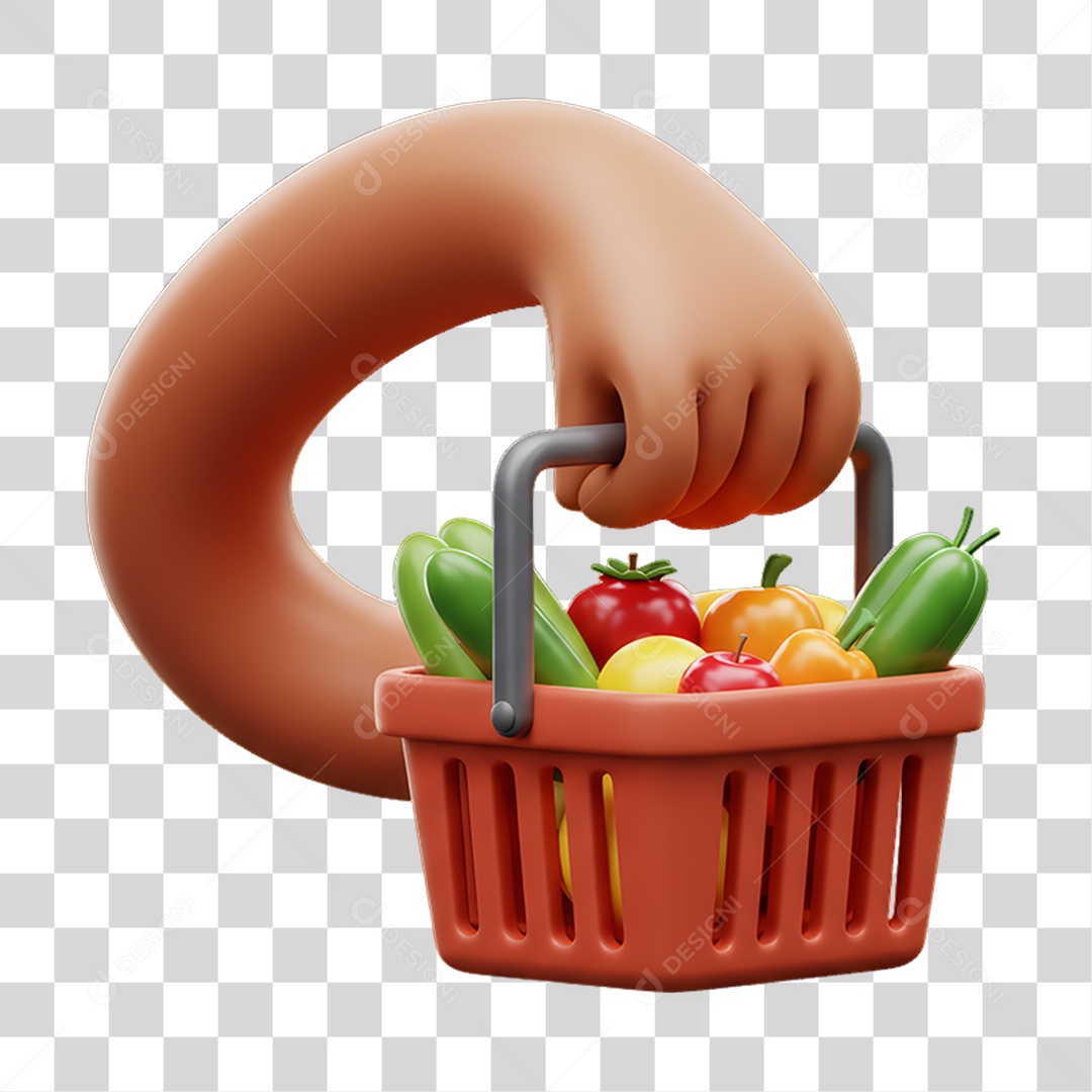 Elemento 3D Mão Segurando Cesta de Frutas PNG Transparente