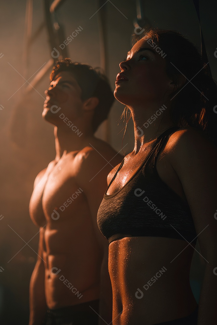 Retrato realista de homem e mulher fazendo exercício físico em uma academia.