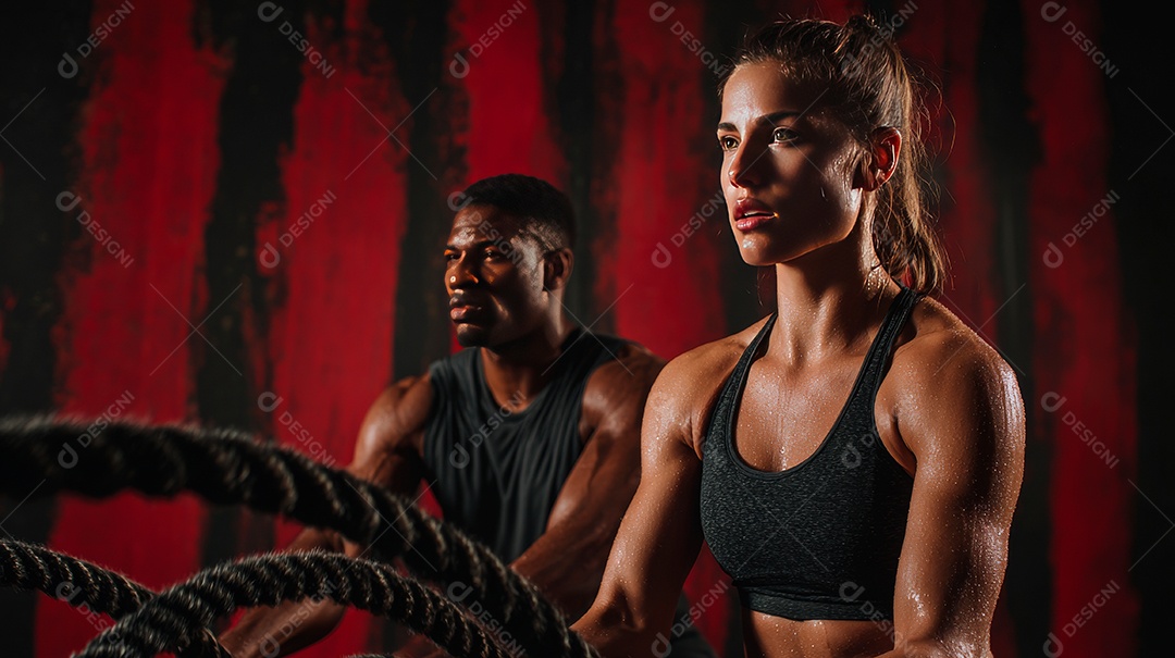 Retrato realista de homem e mulher fazendo exercício físico em uma academia.