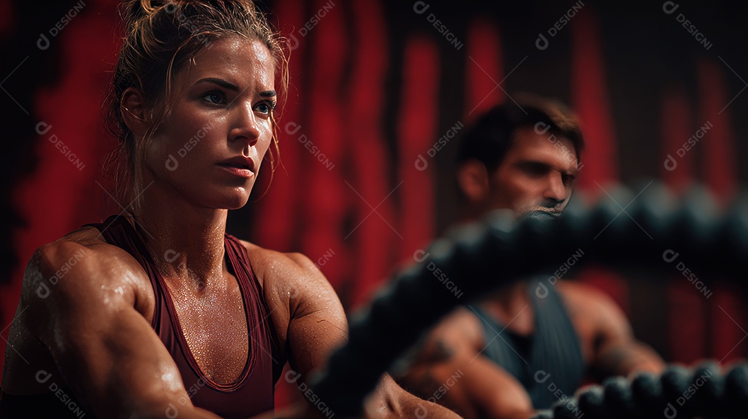 Retrato realista de homem e mulher fazendo exercício físico em uma academia.