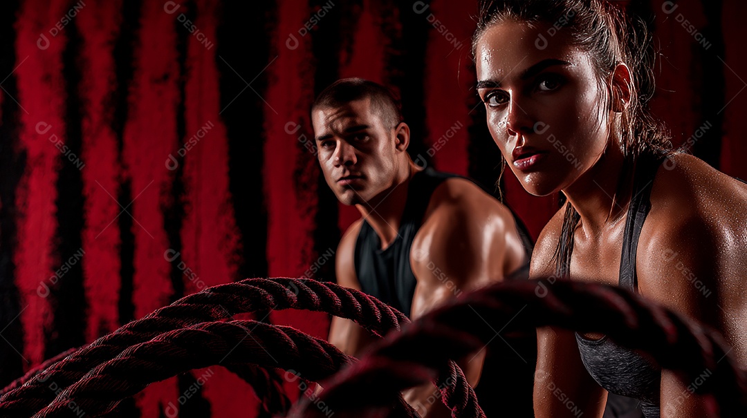 Retrato realista de homem e mulher fazendo exercício físico em uma academia.