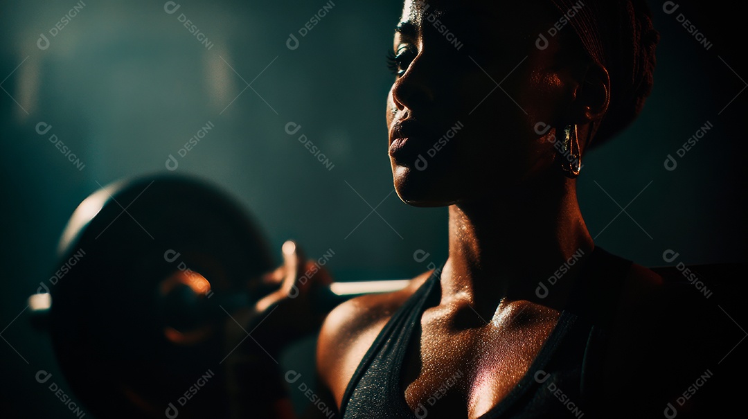 Retrato realista de mulher fazendo exercício físico em uma academia.