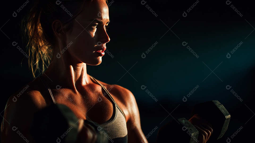 Retrato realista de mulher fazendo exercício físico em uma academia.