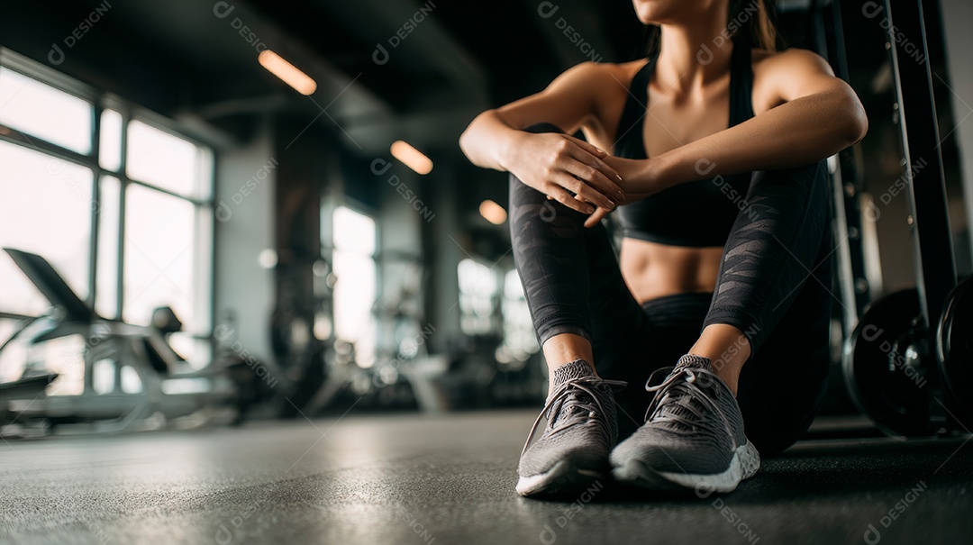 Retrato realista de mulher fazendo exercício físico em uma academia.