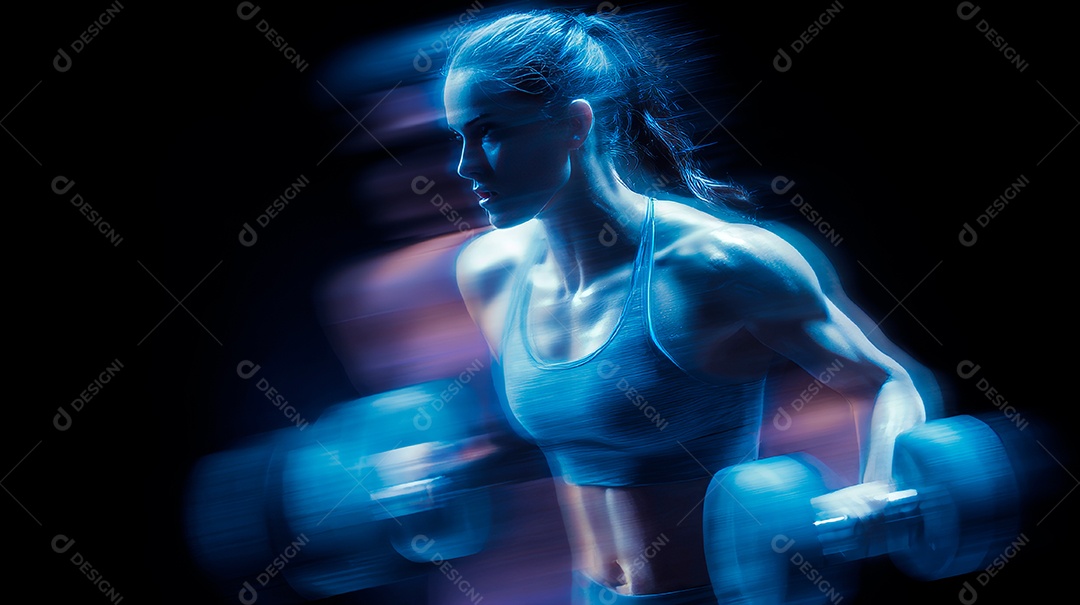 Retrato realista de mulher fazendo exercício físico em uma academia.