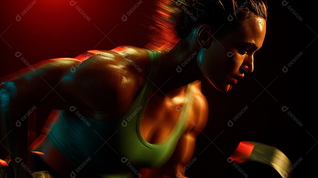 Retrato realista de mulher fazendo exercício físico em uma academia.