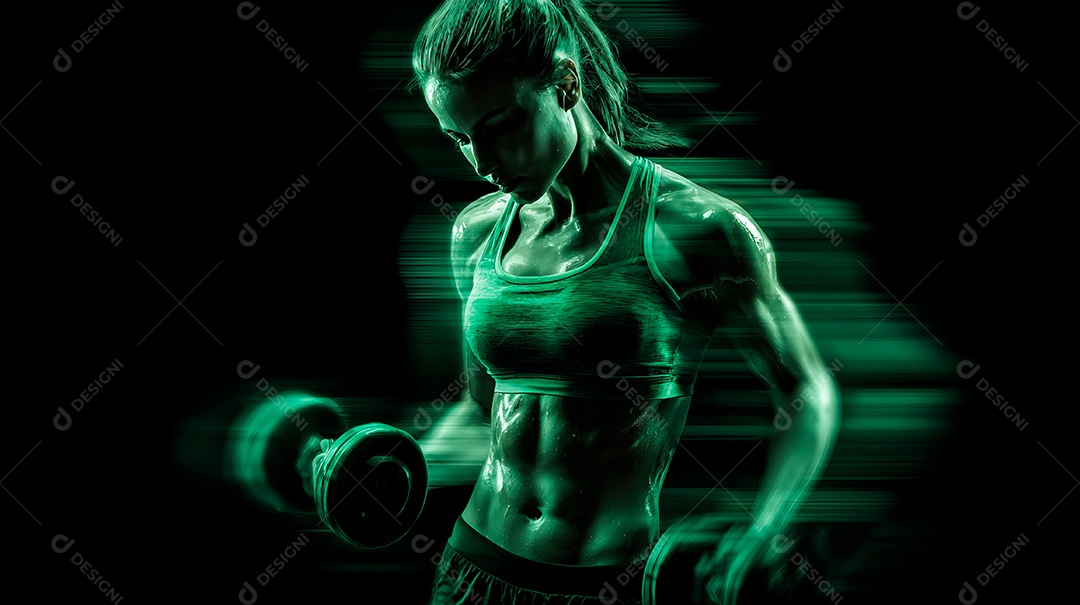 Retrato realista de mulher fazendo exercício físico em uma academia.