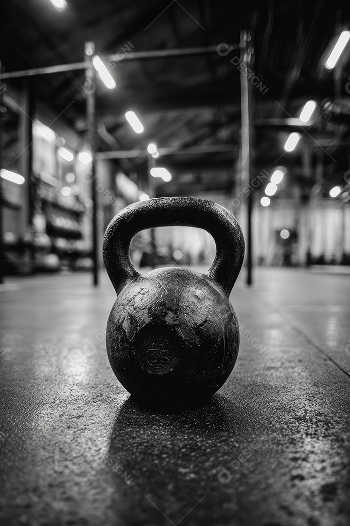 A imagem mostra um kettlebell, um equipamento de treino funcional e de força..