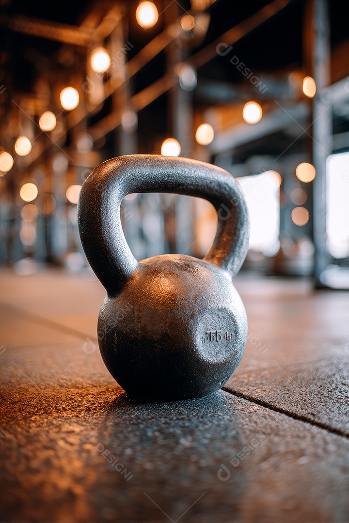 A imagem mostra um kettlebell, um equipamento de treino funcional e de força..