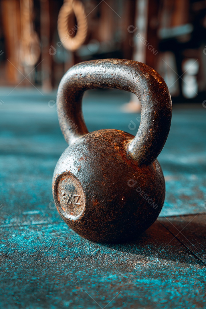 A imagem mostra um kettlebell, um equipamento de treino funcional e de força..