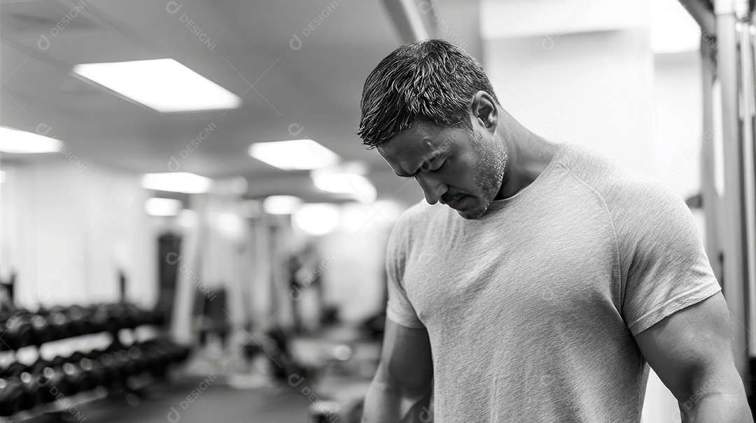 Retrato realista de homem fazendo exercício físico em uma academia.