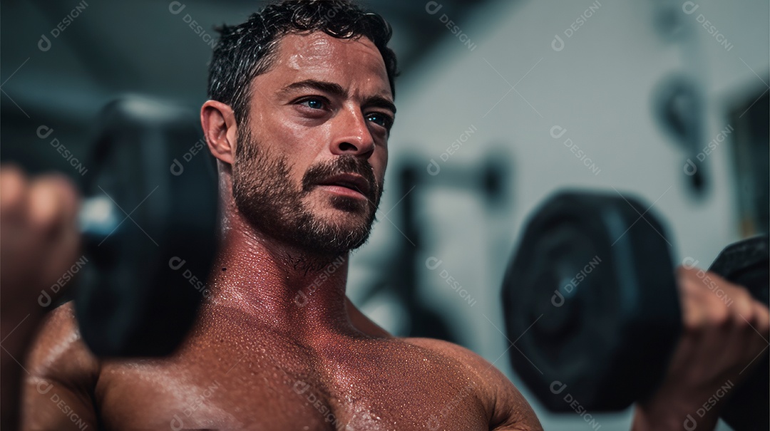 Retrato realista de homem fazendo exercício físico em uma academia.
