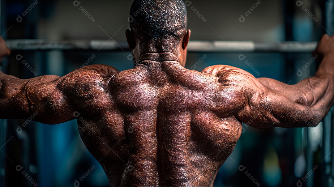 Retrato realista de homem fazendo exercício físico em uma academia.