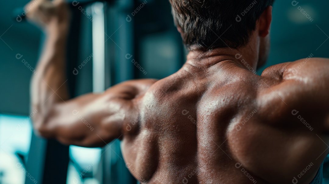 Retrato realista de homem fazendo exercício físico em uma academia.