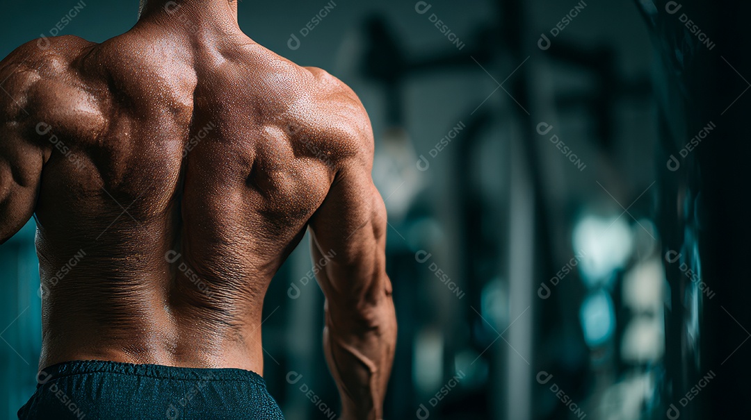 Retrato realista de homem fazendo exercício físico em uma academia.