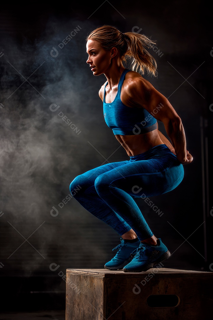 Retrato realista de mulher fazendo exercício físico em uma academia.