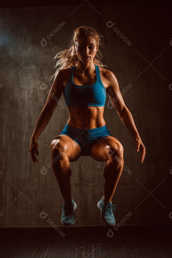 Retrato realista de mulher fazendo exercício físico em uma academia.