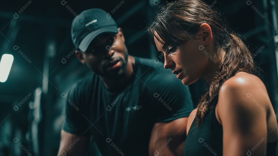 Retrato realista de homem e mulher fazendo exercício físico em uma academia.